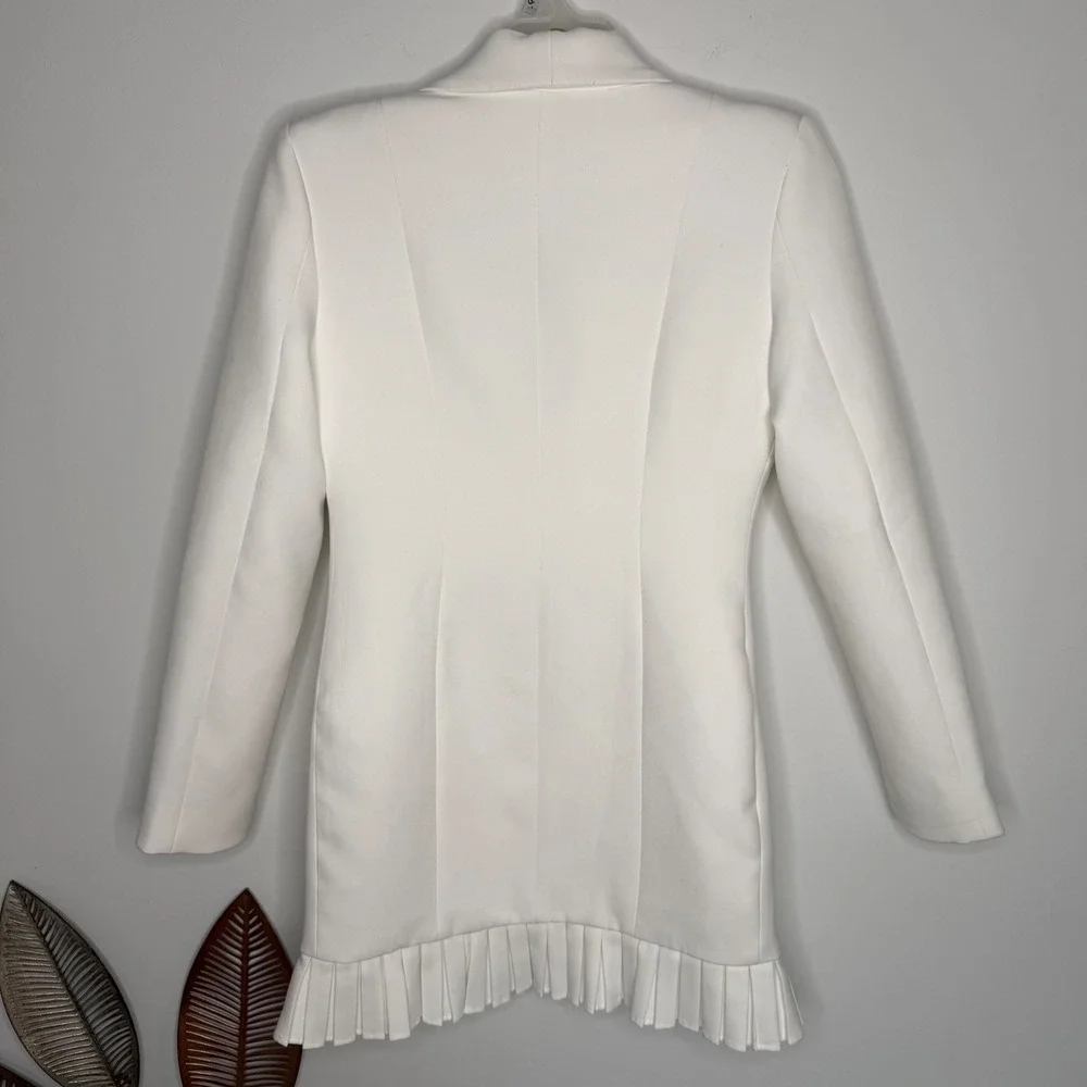 M13 White Ruffle‎ Trim Blazer Dress Shawl Collar Long Sleeve Pleated Mini Jacket